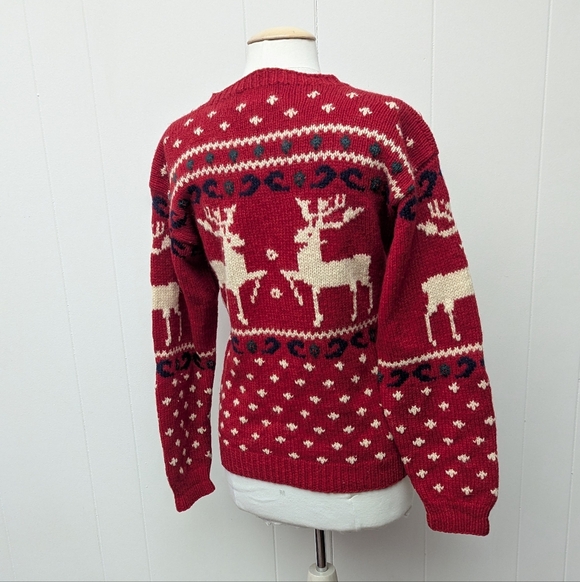 Vintage Eddie Bauer Red Wool Reindeer Deer Elk Knitted Crewneck Sweater Size M - Picture 5 of 7